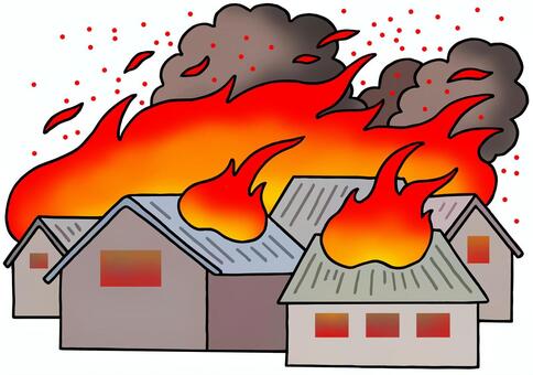 火事・家屋火災・延焼 火事,炎,家屋火災,家,延焼,類焼,大規模火災,煙,火の粉,イラストのイラスト素材