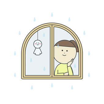 雨の窓辺でてるてる坊主と外を眺める女性 女性,人物,ポニーテール,窓辺,窓,てるてる坊主,雨,梅雨,眺める,見るのイラスト素材