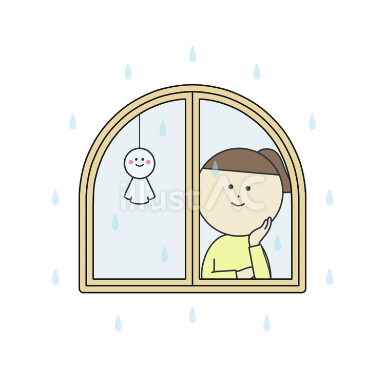 雨の窓辺でてるてる坊主と外を眺める女性 女性,人物,ポニーテールのイラスト素材