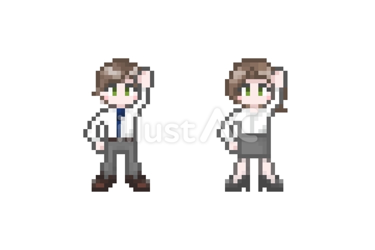 ドット絵のやる気な男女会社員クールビズ ドット絵,ピクセル,手のイラスト素材