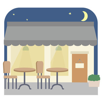 建物_カフェ屋さん(夜間) 夜,夜中,夜間,営業,カフェ,店舗,お店,おしゃれ,植物,建物のイラスト素材
