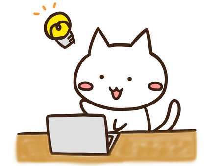 パソコンでアイデアを閃くかわいい白ねこ パソコンでアイデアを閃くかわいい白ねこ パソコン,アイデア,閃く,仕事,ねこ,コンピューター,かわいい,操作,手書き,ひらめきのイラスト素材