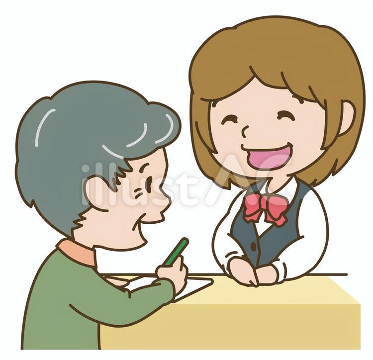 アンケートに答える老人と店員 店員,申し込み,記入のイラスト素材