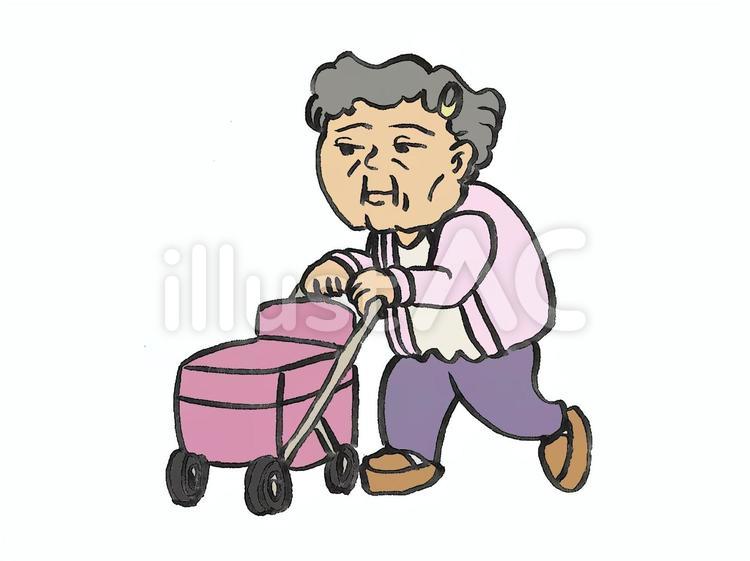シルバーカーを押して歩くおばあさん おばあさん,高齢者,高齢女性のイラスト素材