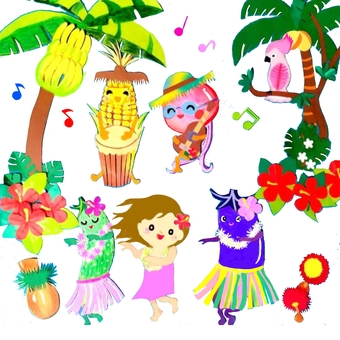 夏野菜と女の子のフラダンス 夏野菜,女の子,フラダンス,ヤシの木,バナナの木,楽器,音符,鳥のイラスト素材