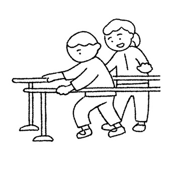 手描きのリハビリをする人と介護士_白黒 リハビリ,歩行訓練,介護,介護士,介護職,高齢者,支援,サポート,介護施設,デイサービスのイラスト素材