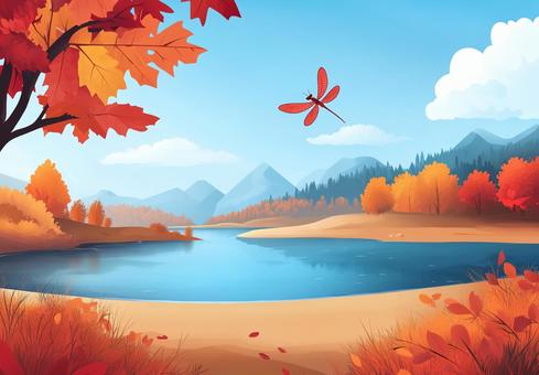 紅葉した秋の湖と山の風景10
