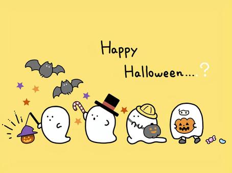 ハロウィン　おばけの行列（黄） ハロウィン,おばけ,幽霊,こうもり,ハッピーハロウィン,子供,秋,１０月,ランタン,お菓子のイラスト素材