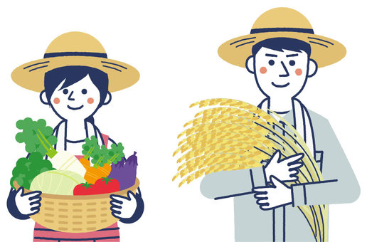 農家さん　上半身 農家,夫婦,カップル,野菜,仕事,米,カゴ,にんじん,ナス,キャベツのイラスト素材
