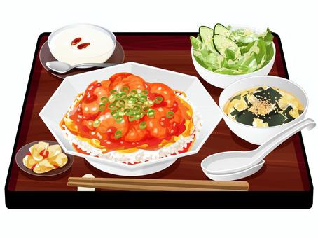エビチリ丼定食 エビチリ丼,定食,中華料理,料理,食べ物,エビチリ,ご飯,米,ワカメスープ,ザーサイのイラスト素材