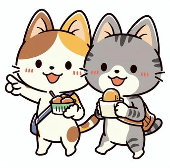 食べ歩きで次の目的地に向かう可愛い猫たち 食べ歩き,旅行,観光,指差す,目的地,コロッケ,からあげ,食べ物,友達,観光客のイラスト素材