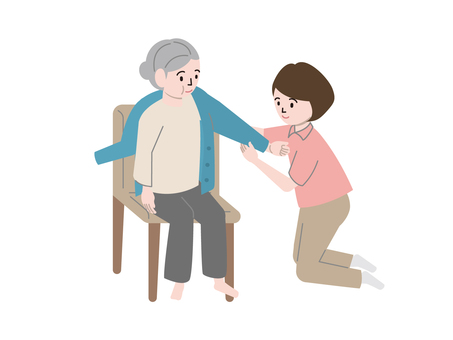 訪問介護　着替えのサポートするイラスト 訪問介護,お年寄り,介護士,女性,着替えのサポート,医療・福祉のイラスト素材