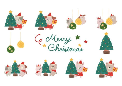 クリスマスセット クリスマス,ツリー,オーナメント,動物,犬,猫,うさぎ,くま,プレゼント,サンタのイラスト素材