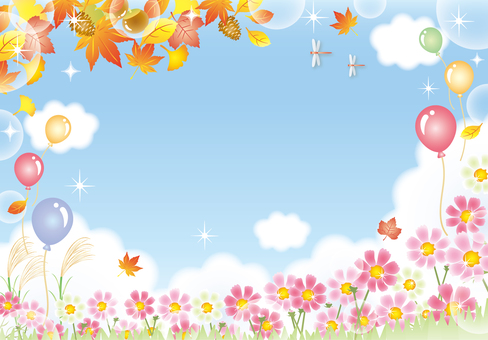 秋桜とすすきと紅葉と青空のフレーム２ 秋,秋桜,紅葉,すすき,花,キラキラ,フレーム,背景,カード,壁紙のイラスト素材