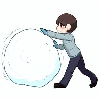 雪玉を転がす男性 人物,生活,全身,男性,冬,雪玉,転がす,ダウンジャケット,手袋,素材のイラスト素材