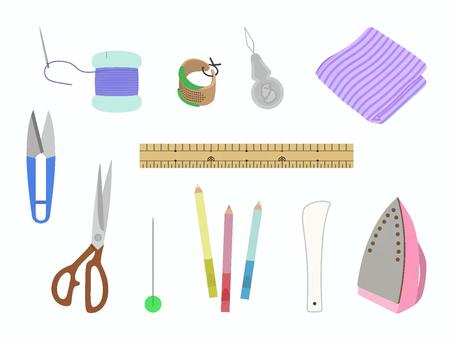 手縫いで使う事のあるアイテム 手縫いで使う事のあるアイテム 手縫い,針,糸,手芸,指ぬき,糸通し,布,ものさし,糸切狭,裁ちばさみのイラスト素材