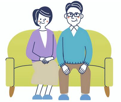 ソファーに座る年配夫婦 夫婦,年配夫婦,年配,ソファー,椅子,座る,老人,笑顔,カップル,仲良しのイラスト素材