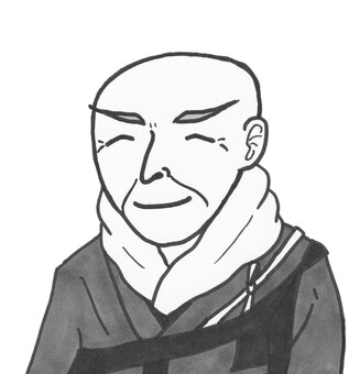 にこやか笑顔の親鸞さま（グレースケール） 親鸞聖人,仏教,浄土真宗,笑顔,法衣姿,グレースケールのイラスト素材