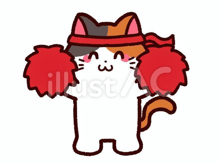 応援する三毛猫　赤組 応援,動物,運動会のイラスト素材