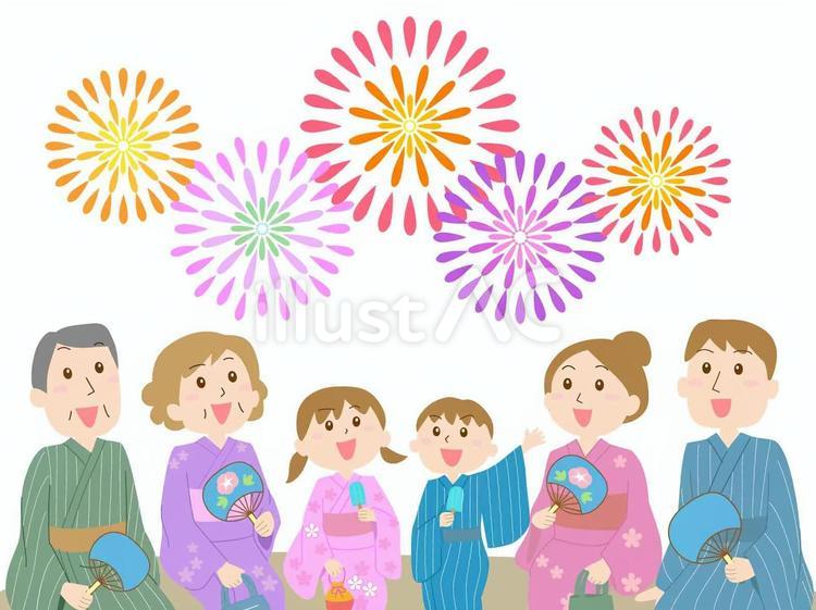 浴衣で花火を見ている大家族６人 花火,大家族,三世代のイラスト素材
