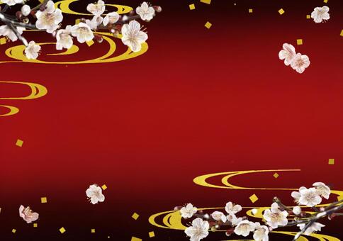 金と赤地の梅和風フレーム 梅,白梅,金箔,金,和,和風,水流紋様,和柄,日本,フレームのイラスト素材