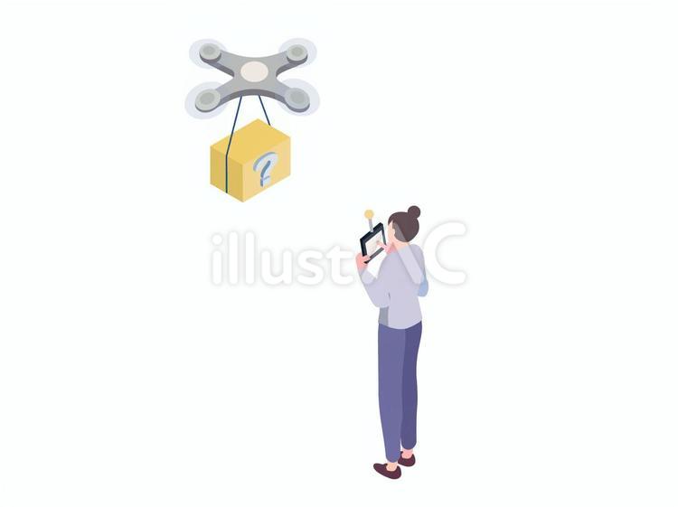ドローンで何かを運ぶ女性のアイソメ アイソメ,おしゃれ,ドローンのイラスト素材