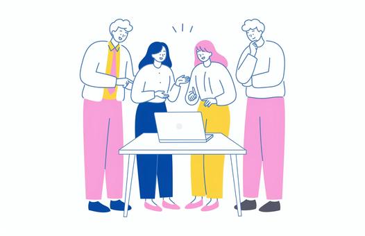 PC見ながら相談するビジネスチーム 人物,男女,ビジネス,会議,打ち合わせ,ディスカッション,ミーティング,相談,話し合い,チームのイラスト素材