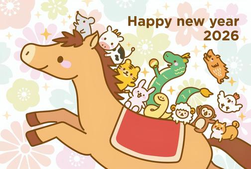 2026年かわいい十二支 午年年賀状03 午年,年賀状,牛,テンプレート,年賀はがき,十二支,馬,正月,冬,お正月のイラスト素材