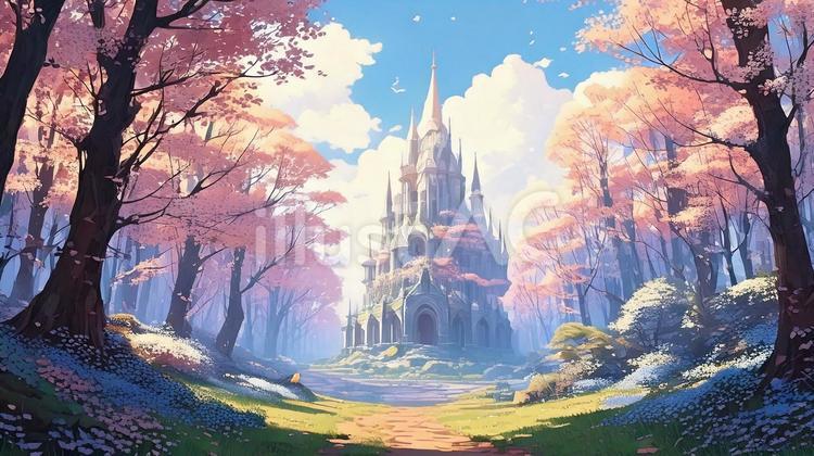 ファンタジーやゲーム風の城の背景イラスト 城,樹木,ゲームのイラスト素材