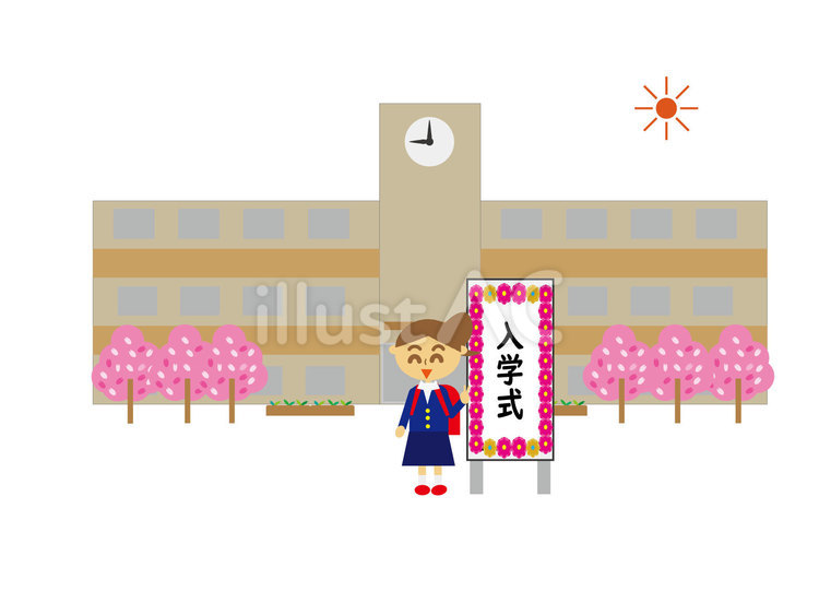 小学校入学式で桜に囲まれている子供 桜,4月,入学式のイラスト素材