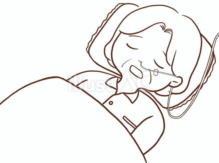 経鼻経管栄養を受ける高齢女性(色なし) 高齢者,シニア,寝るのイラスト素材