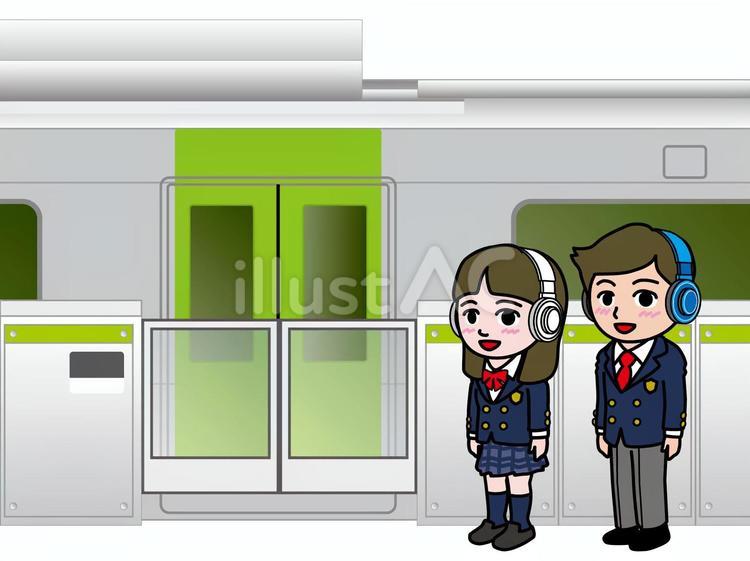 壱A：駅で音楽を聴く高校生たち_CS3 女子高生,男子高生,駅のイラスト素材