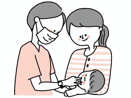 Illustration, postpartum care, midwife, newborn, 
