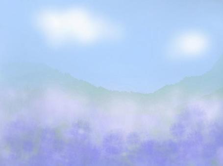 山と空と花畑 山,花畑,雲,空,紫,青,爽やか,涼しげのイラスト素材