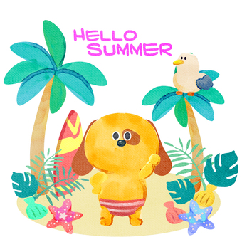 水彩画_Hello Summer_03 犬,動物,手描き,水彩画,水彩,水彩風,水彩画風,夏,はーい,こんにちはのイラスト素材