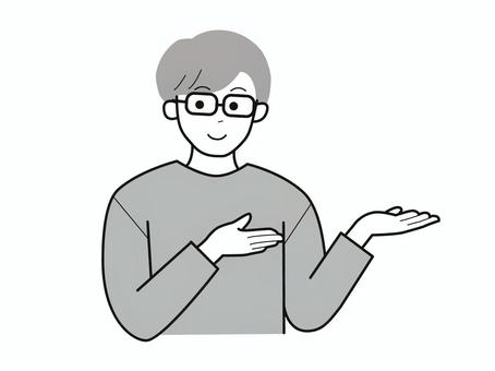 両手でどうぞとする眼鏡男性2／白黒 上半身,長袖,両手,どうぞ,お勧め,男性,社会人,パパ,お父さん,学生のイラスト素材
