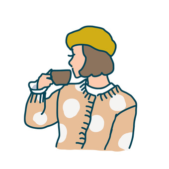 コーヒーを飲むベレー帽の女の子　キャメル コーヒー,女の子,ベレー帽,ニット,秋,冬,ボブ,手描き,手書き,ガールのイラスト素材
