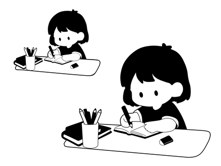 (白黒)勉強する女の子 (白黒)勉強する女の子 勉強,宿題,学習,子供,幼児,小学生,考える,えんぴつ,ノート,教科書のイラスト素材