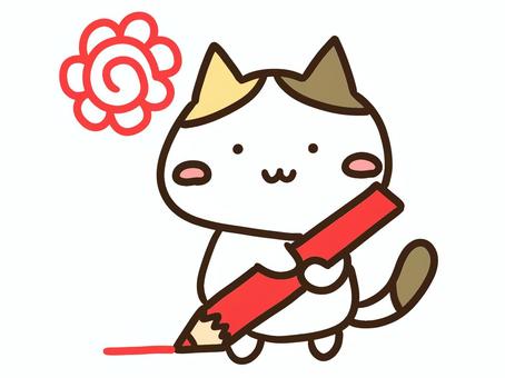 赤えんぴつで花丸を伝えるかわいい三毛猫 赤,えんぴつ,花丸,書く,ねこ,伝える,テスト,採点,合格,よくできましたのイラスト素材