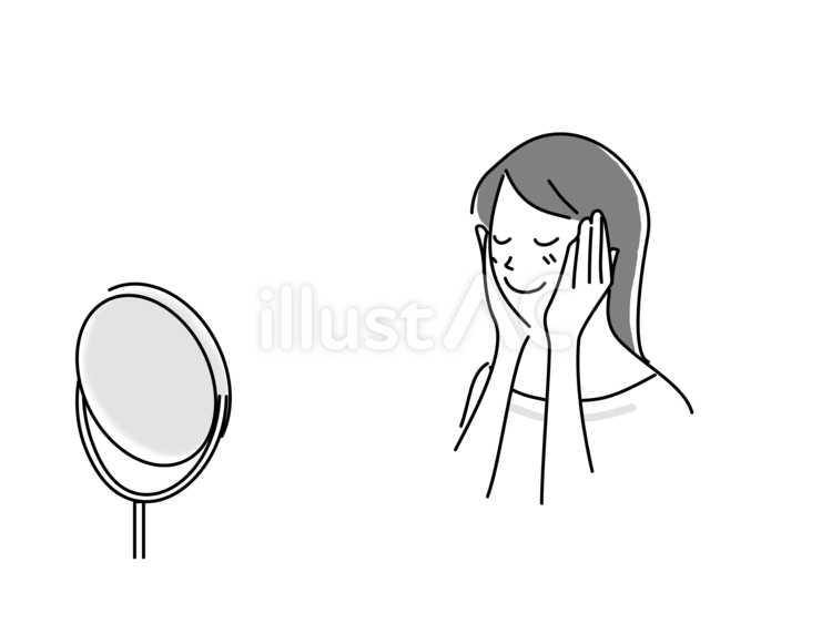 鏡の前でスキンケアをする女性長髪　白黒 スキンケア,女性,肌のイラスト素材