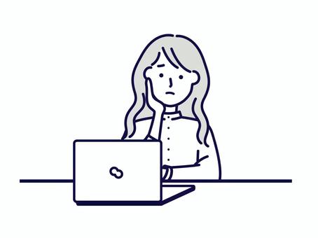PCの前で悩む女性 女性,ビジネスマン,オフィスカジュアル,パソコン,ウェーブヘア,シンプル,人物,会社,pc,仕事のイラスト素材