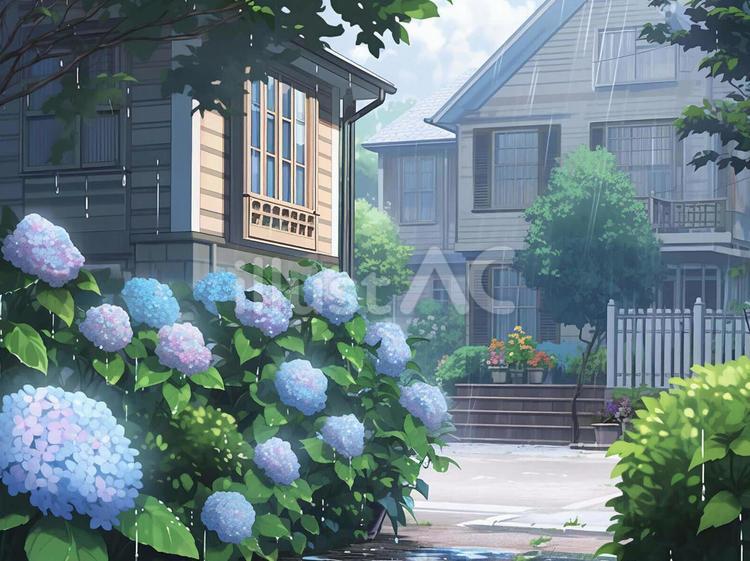 あじさいが咲いている雨の町の風景  あじさい,街並み,風景のイラスト素材