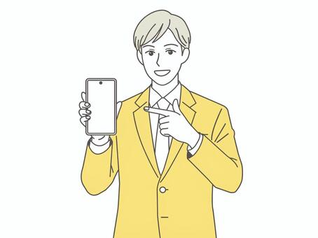 スマホを見せる男性 スマホ,画面,スマートフォン,男性,見せる,男性社員,おすすめ,指差し,スーツ,若いのイラスト素材