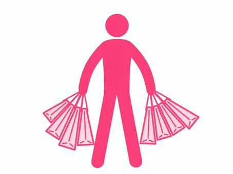 両手に沢山紙袋を持つ人のイラスト（赤） 人,人物,ピクトグラム,全身,立ち絵,立つ,旅行客,買い物客,お客様,紙袋のイラスト素材