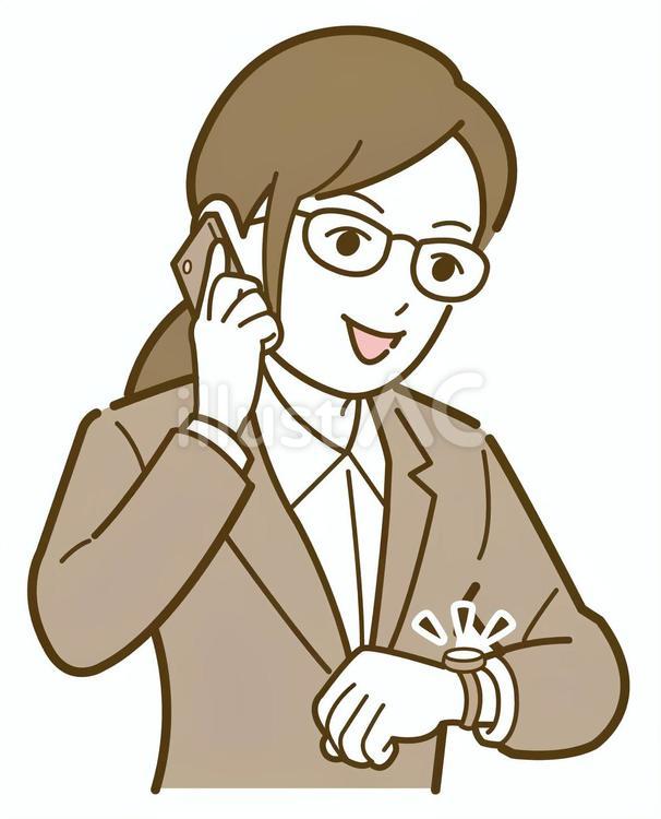 時計を見ながら通話する女性社員 女性,人物,ビジネスのイラスト素材