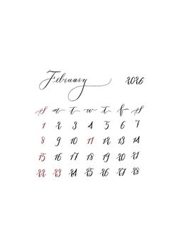 2026年2月のカレンダー 2026,2月,カレンダー,手描き,2026年,手帳,手書き文字,シンプル,バレットジャーナル,可愛いのイラスト素材