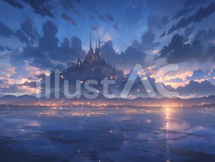 ファンタジー風の雲上の城_背景イラスト