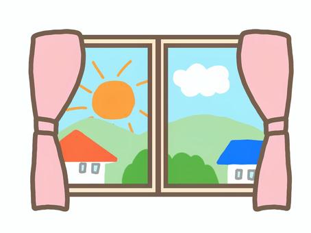 朝の窓 朝,窓,カーテン,太陽,お日様,朝日,風景,家,ピンク,ゆるいのイラスト素材