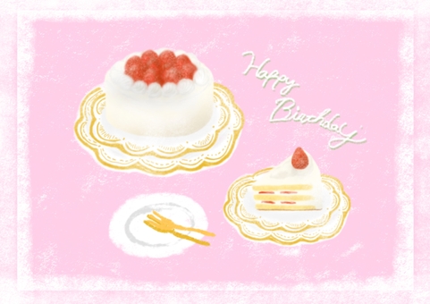 バースデーカード 誕生日,メッセージカード,ケーキ,ショートケーキ,ホールケーキ,デザート,食器,フォーク,食品,皿のイラスト素材