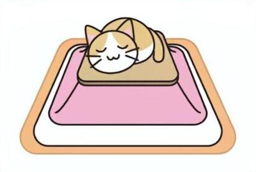 おこたの上で眠る茶色はちわれにゃんこ こたつ,猫,はちわれ,デフォルメ,かわいい,寝るのイラスト素材